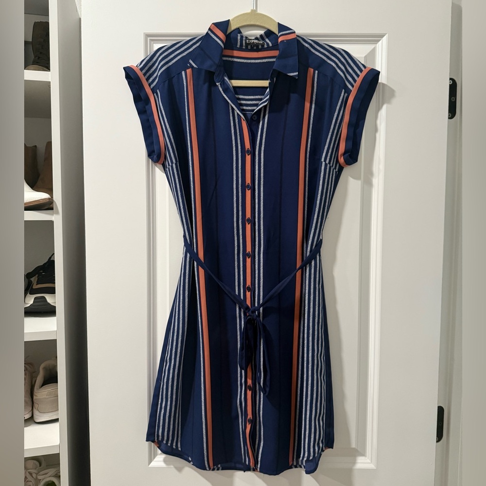 Striped Navy and Orange Shirt Dress
